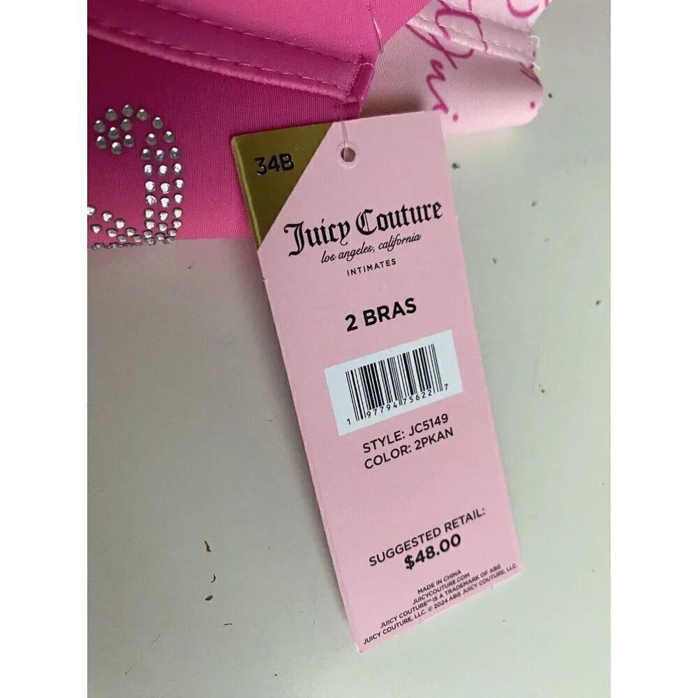 2 Pack Juicy Couture Sleek & Smooth Bra Sz 34B Lined Pink‎ Bling Logo JC5149 NEW - Picture 3 of 9